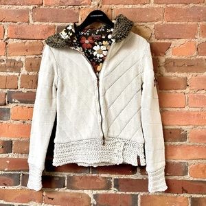 Vintage INDUSTRY Cream Sweater Zip-Up Jacket with Faux Fur Hood. Medium.